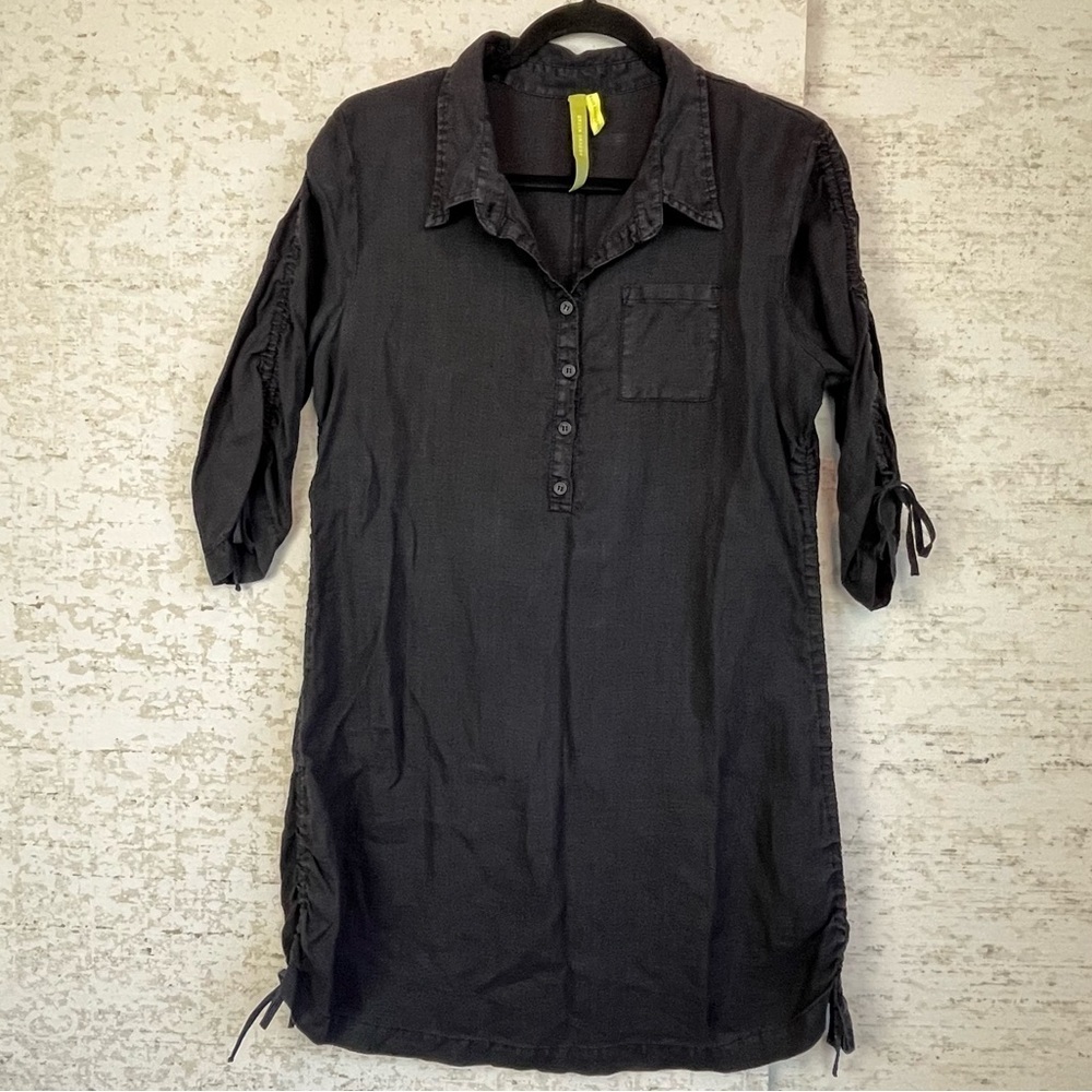 Green Dragon Black Linen Dress Medium Ruched Sides Arms Lagonlook Made in USA